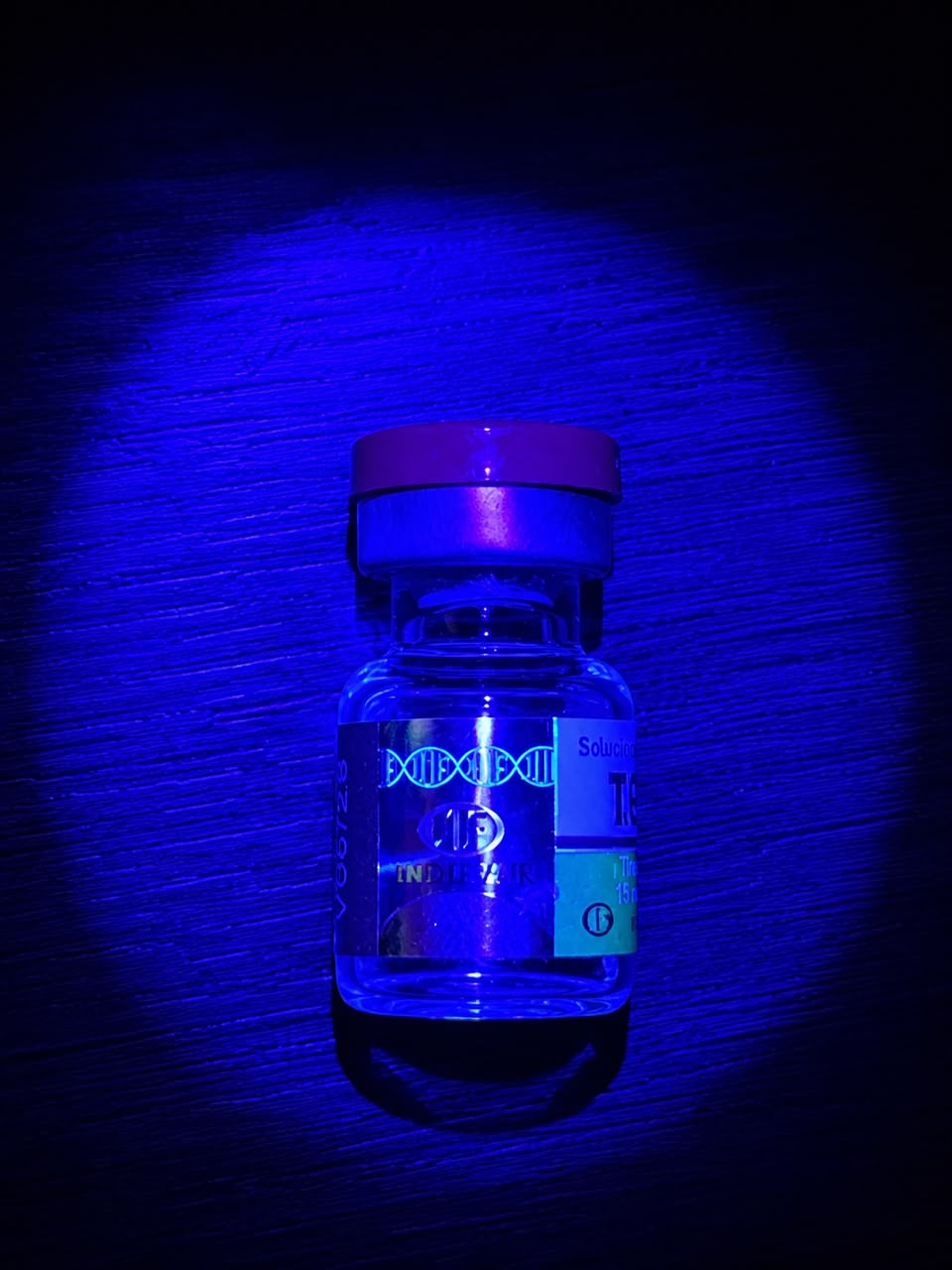 Frasco T.G. 15 fotografado sob luz ultravioleta para inspeção visual do selo holográfico